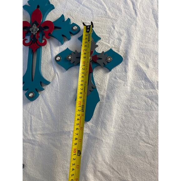 Pair of Turquoise Layered Wall Crosses – Rhinestones & Red Fleur-de-Lis - Picture 5 of 7